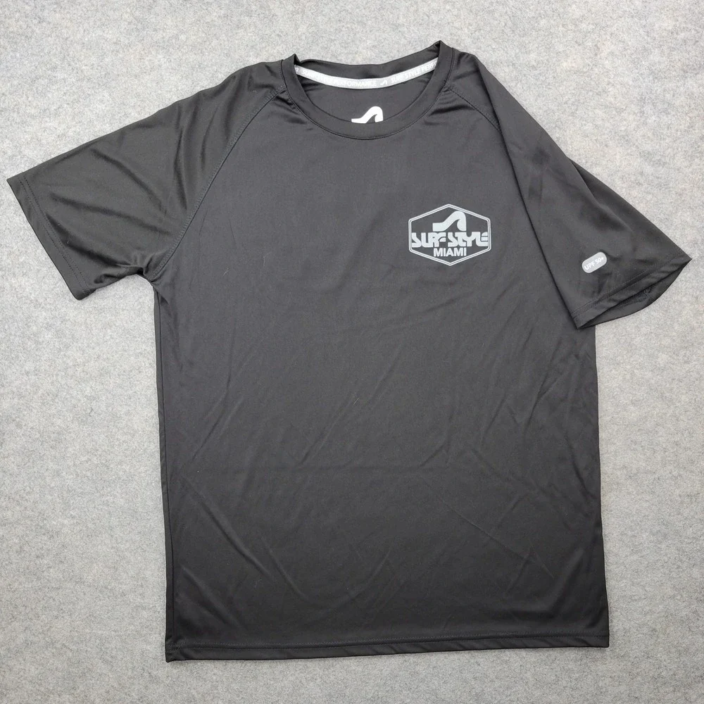 Surf Style Shirt Mens Large Black Short Sleeve UPF 50+ Rash Guard Top Beach